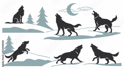 Detailed Vector Silhouette Illustration of Howling Wolves in a Snowy Winter Landscape at Night with Moon and Trees