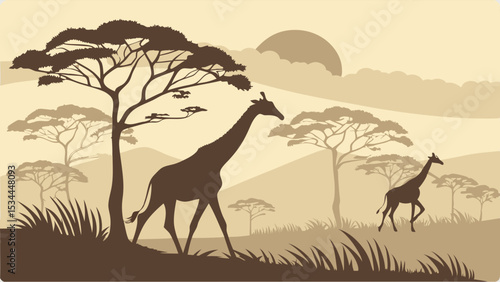 Vintage Sepia Silhouette Illustration of Giraffes and Acacia Trees in African Savanna Landscape