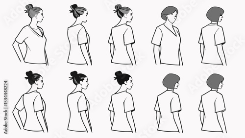 Figure Drawing Sketch of Women in T-Shirts Different Poses Angles Hairstyles Anatomy Reference