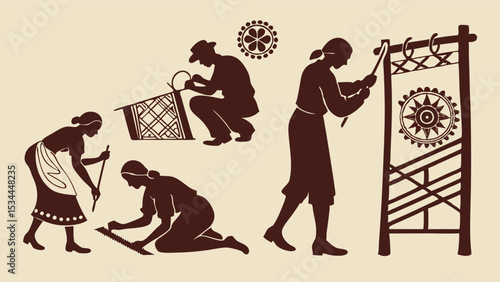 Traditional Craftspeople Silhouette Art Ancient Weaving Basketry Labor Illustration