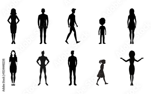 Human Silhouette Vector Set – Diverse People Poses Collection, Male Female Child Figures, Standing Icons