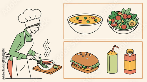 Chef Cooking Healthy and Fast Food Meals Illustration - Soup Salad Burger Drinks - Line Art Style