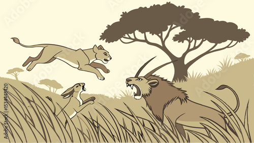 Sepia illustration of a dramatic African savanna hunt Lioness attacks antelope hare reacts in tall grass
