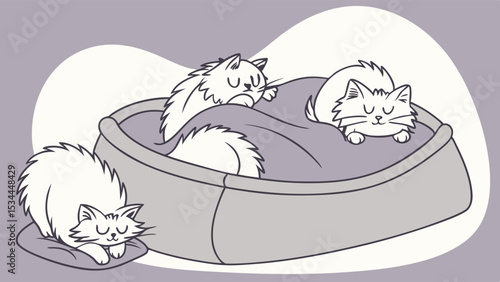 Grayscale Illustration of Three Fluffy Cats Sleeping Soundly in a Cozy Pet Bed and on a Pillow