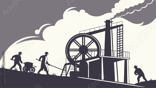 Vintage Silhouette Illustration: Industrial Revolution Steam Engine, Workers, and Labor