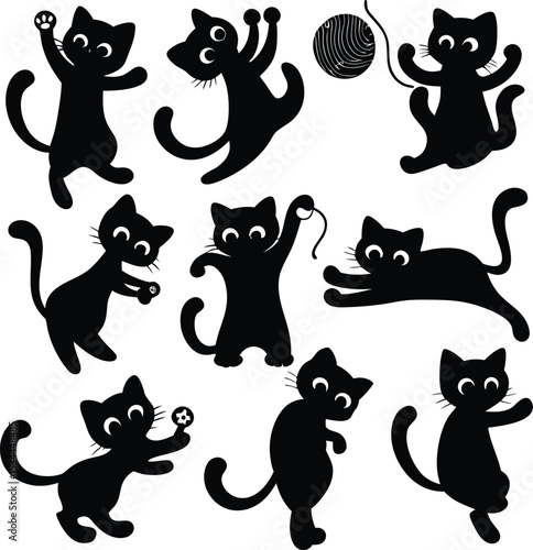 Collection of Black Cat Silhouettes Playing with Yarn and Toys on White