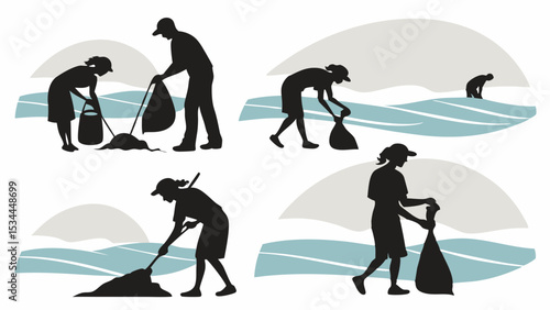 Volunteers cleaning up beach silhouettes environmental protection ocean pollution waste collection ecology conservation vector