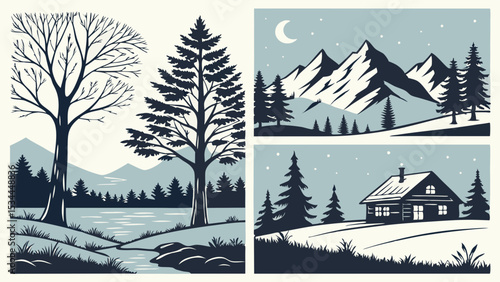 Winter nature landscape illustration set trees mountains cabin river snow forest outdoor graphic simple style
