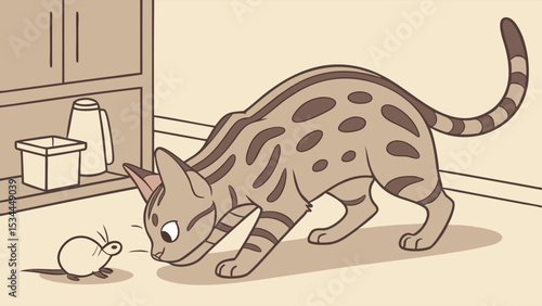 Cute cartoon spotted cat looking at small mouse indoors. Animal interaction, predator and prey illustration.