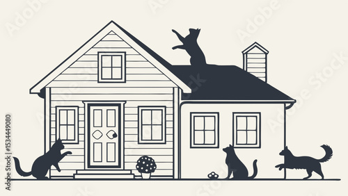 Simple graphic black and white silhouette illustration drawing outline of playful domestic cats animal life around a residential home