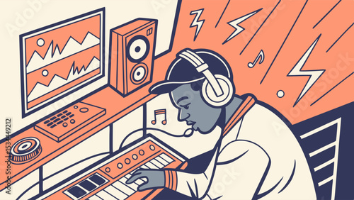 Music producer making music in home studio, young man with headphones and keyboard, creative process, flat illustration.