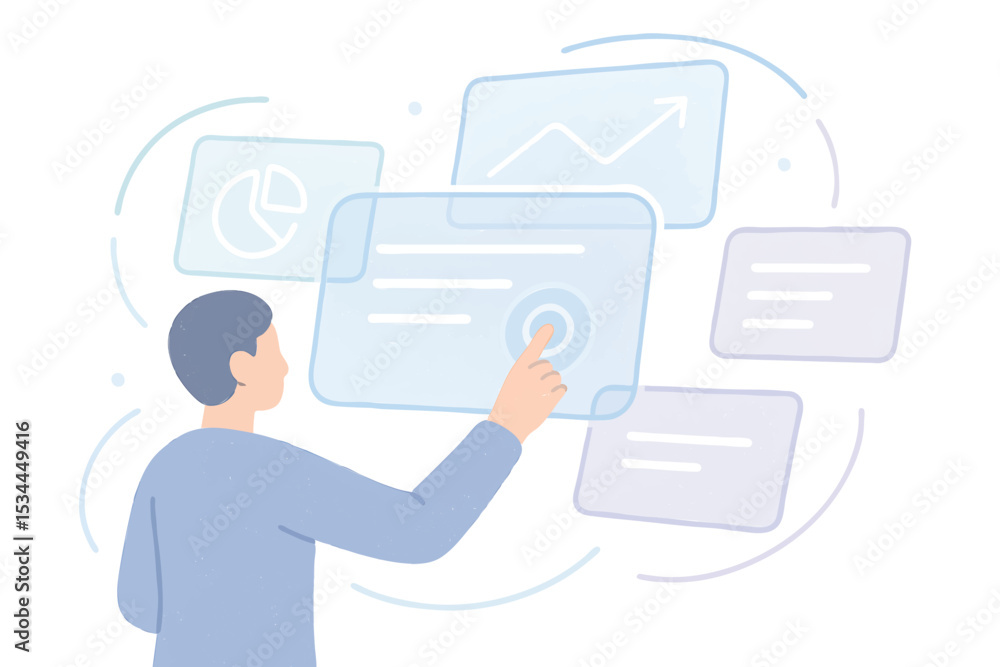 Man Analyzing Data Charts and Graphs on Digital Dashboard Technology Illustration Man Analyzing Data Charts and Graphs on Digital Dashboard Technology Illustration
