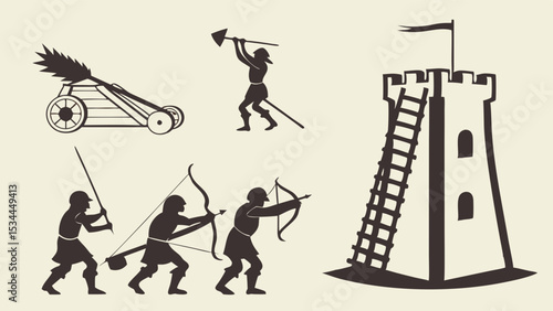 Medieval Castle Siege Warfare Silhouettes Illustration Catapult Siege Tower Archers Attack