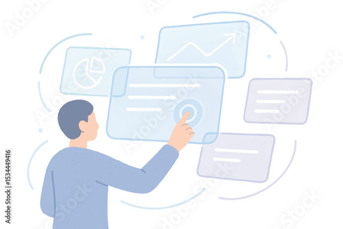Man Analyzing Data Charts and Graphs on Digital Dashboard Technology Illustration