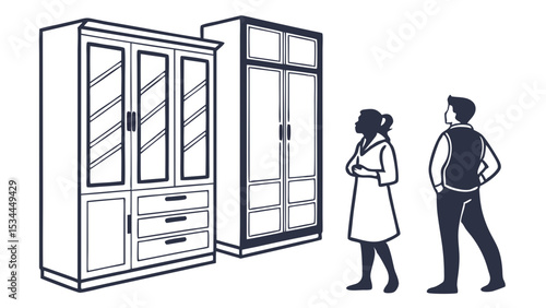 Line Art Illustration People Choosing Wardrobes Furniture Shopping Home Storage Solution