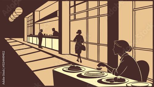 Retro Restaurant Illustration Woman Dining People at Counter Strong Shadows Sepia Tones