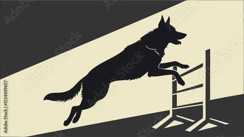 Black German Shepherd Dog Silhouette Jumping Agility Hurdle Graphic Art