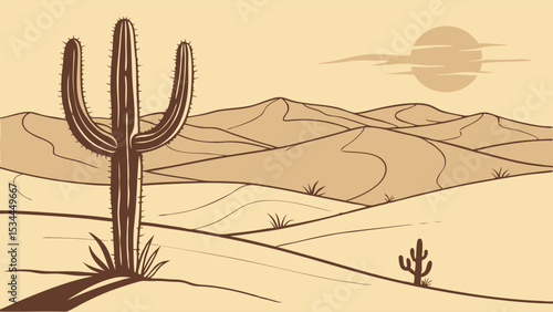 Stylized Sepia Desert Landscape Illustration with Prominent Saguaro Cactus, Rolling Sand Dunes, and Sun Art