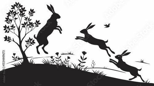 Black and White Silhouette of Three Hares Leaping and Running in a Nature Scene with Tree Bird and Grassy Hill