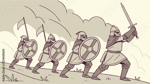 Sepia Cartoon Illustration of Four Medieval Warriors Marching Uphill with Shields and Swords