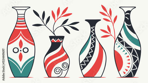 Stylish Colorful Decorative Vases Set Four Modern Ethnic Tribal Geometric Abstract Patterns Home Decor Art