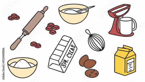 Simple Cartoon Flat Illustration of Baking Ingredients and Tools Rolling Pin Mixer Flour Butter Milk Eggs