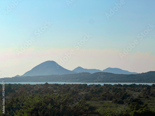 Fotografie Mountain range in the distance with forest and sea bay in the front