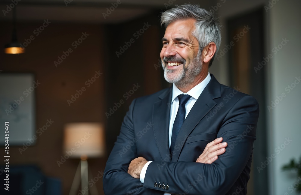 Fototapeta premium Smiling confident mature business man stands in office. Middle aged executive entrepreneur, wearing suit, looking away thinking about future success. Positive thinking concept.