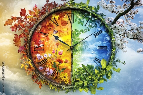 A clock face adorned with images of the four seasons