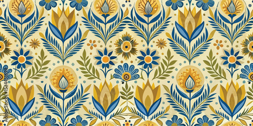Vibrant floral wallpaper design featuring blue and golden hues.