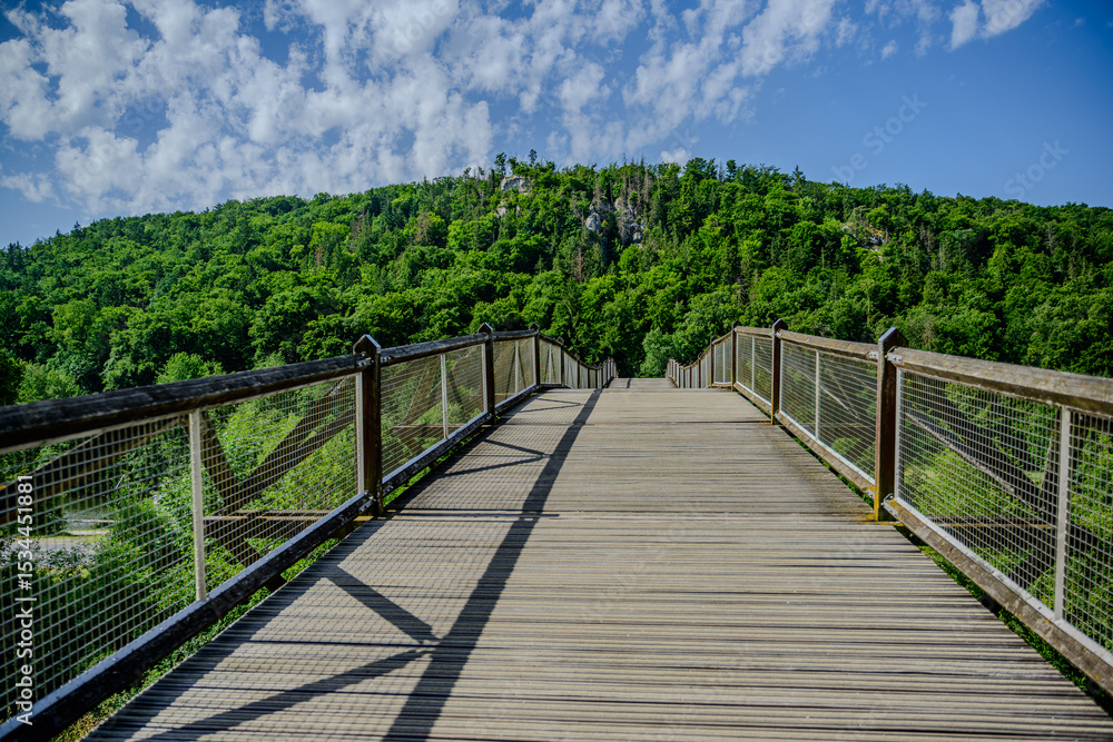 Fototapeta premium Scenic wooden walkway overlooking lush green hillside under a bright blue sky