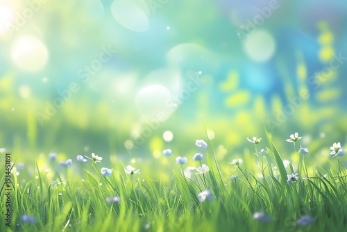 Fototapeta Naklejka Na Ścianę i Meble -  Sunny spring meadow with delicate white flowers