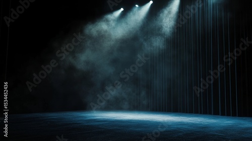 Spotlights Illuminate a Theater Stage Creating a Dramatic Atmosphere for a Performance or Event During Evening Hours