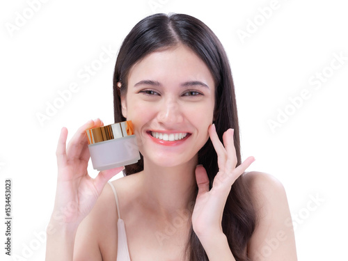 Beauty skincare product mockup with smiling Asian woman holding cosmetic cream jar, natural makeup model showing healthy smooth skin isolated on a transparent background ,cosmetic or spa advertisement