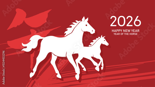 Mare and foal silhouettes new year 2026 card. Chinese new year of the horse, or lunar new year 2026 background in minimalist style.