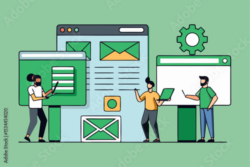 Teamwork email strategy, people developing ideas with mail icons and gear, green color theme, corporate communication, project innovation, vector illustration of business collaboration.
