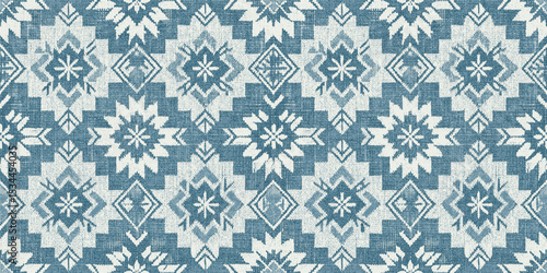 Elegant blue and white geometric patterned fabric with intricate floral designs.