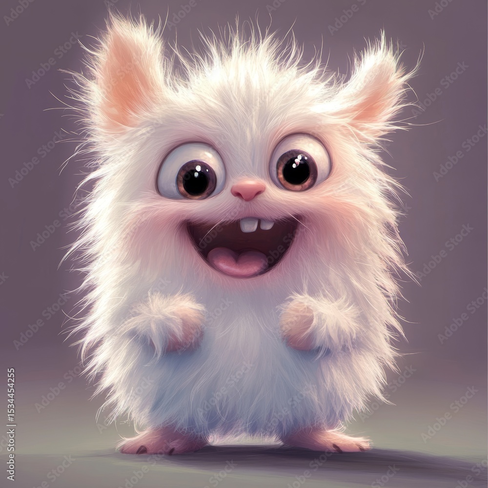 Fototapeta premium Cute Fluffy Cartoon Creature With Big Eyes and a Joyful Expression Standing on a Pastel Background