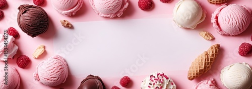 Colorful Assortment of Ice Cream Scoops and Toppings Arranged on a Pink Background Celebrating Summer Indulgence and Sweetness