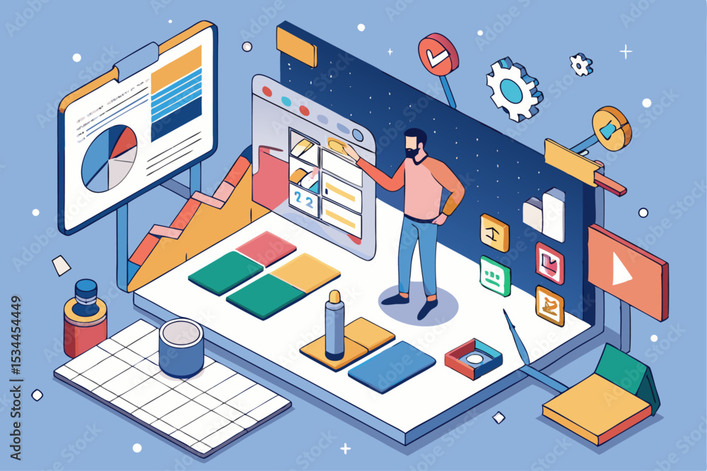 Isometric Multi-Screen Analysis, Person Managing Data on Screens, Blue Color Palette, Corporate Strategy, Project Innovation, Vector Illustration of Professional Insight. Isometric Multi-Screen Analysis, Person Managing Data on Screens, Blue Color Palette, Corporate Strategy, Project Innovation, Vector Illustration of Professional Insight.