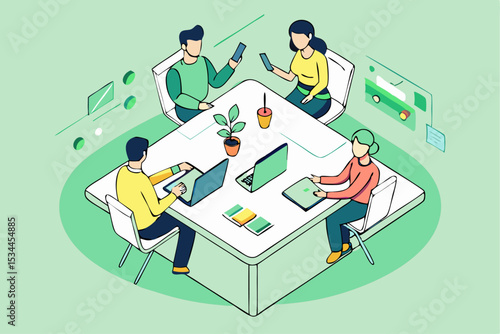 Isometric Team Collaboration, People Working on Laptops in Meeting, Green Color Palette, Corporate Teamwork, Project Communication, Vector Illustration of Business Collaboration.