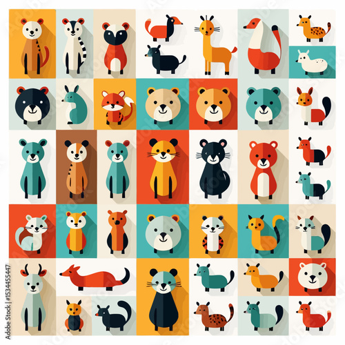 Adorable Animal Illustration-Colorful Cartoon Animals-Cute Animal Characters Design-Playful Childrens Art-Geometric Animal Pattern-Whimsical Animal Artwork