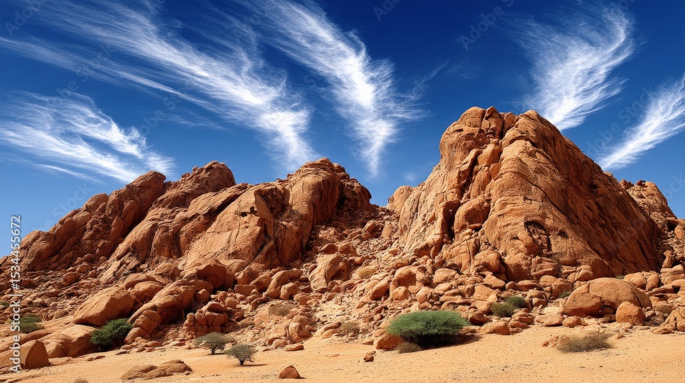 Rugged red rock formations under a vibrant blue sky with wispy clouds Rugged red rock formations under a vibrant blue sky with wispy clouds