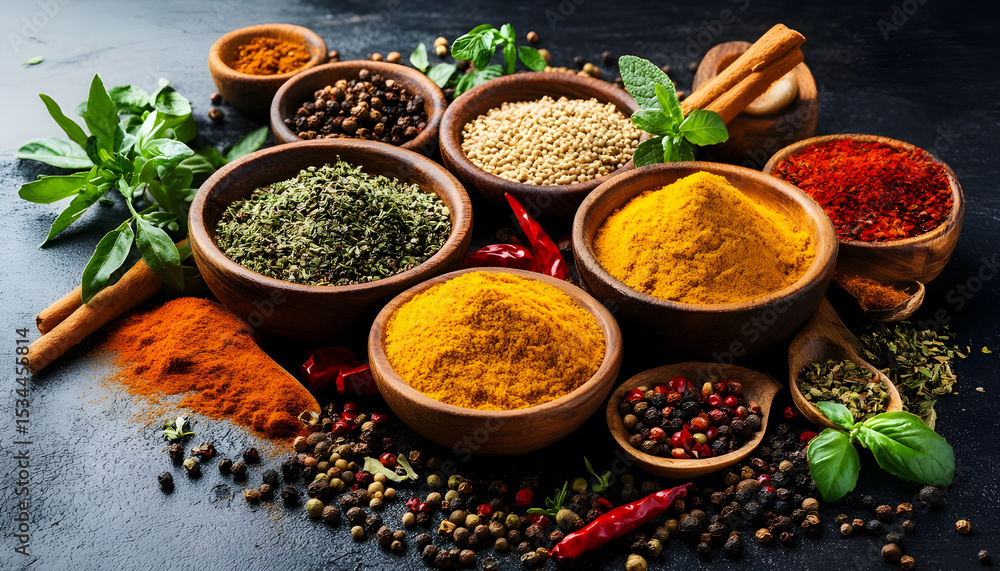Composition with assortment of spices and herbs Composition with assortment of spices and herbs