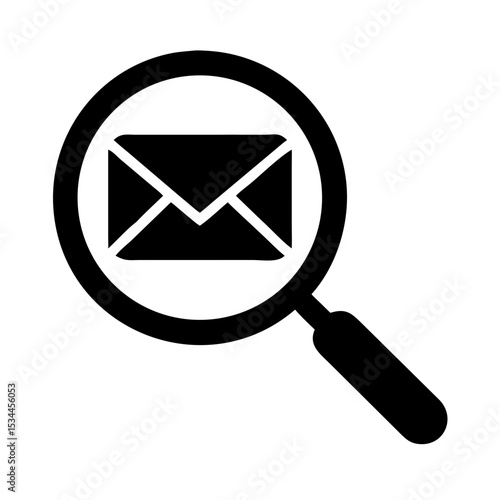 Email Search Icon – Magnifying Glass with Envelope Symbol, Black and White Message Scan Vector, Communication Lookup Clipart, Mail Analysis Graphic, Inbox Find Silhouette Illustration