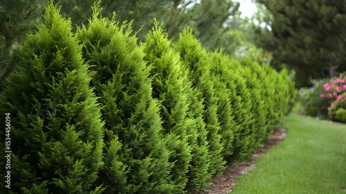 Artistic vision of a vibrant Leyland cypress hedge with expertly pruned, dense evergreen needles arranged in a symmetrical and modern garden setting