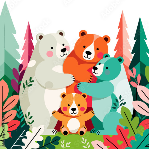 Cute Bear Family Cartoon Illustration-Happy Bears in Forest-Colorful Bear Hug-Adorable Animal Art-Family Love Theme-Kids Room Decor-Nursery Art Print