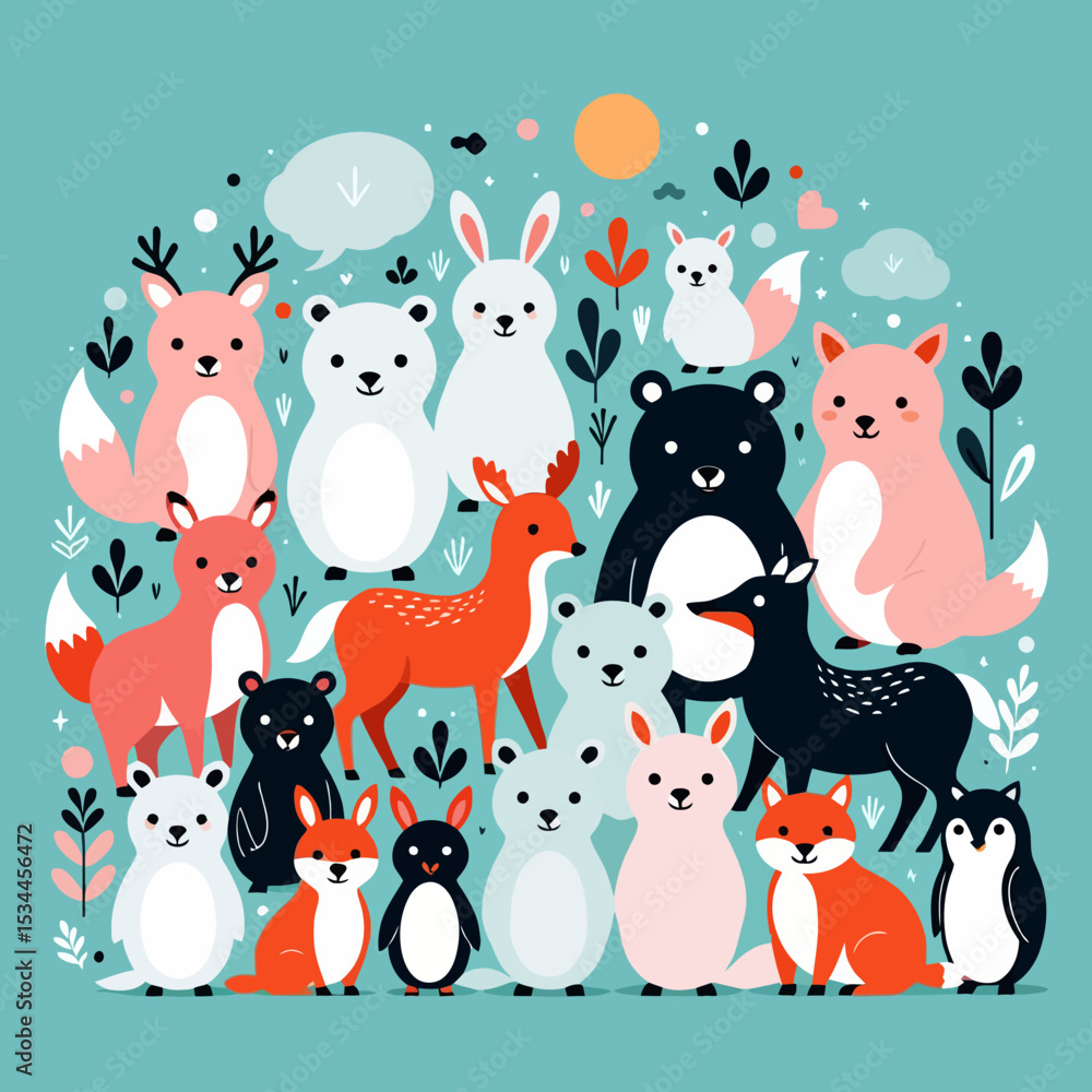 Obraz premium Cute Cartoon Animals Illustration-Whimsical Wildlife Art-Adorable Deer Bears Rabbits Foxes Penguins in a Playful Design-Colorful Animal Graphic-Childrens Room Decor