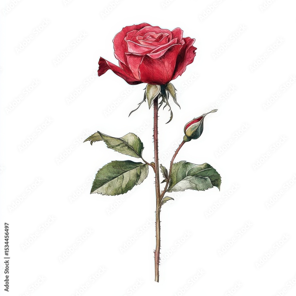 Fototapeta premium Realistic illustration of a single red rose with green leaves, isolated on a white background. Detailed floral design, perfect for romantic or botanical themes.