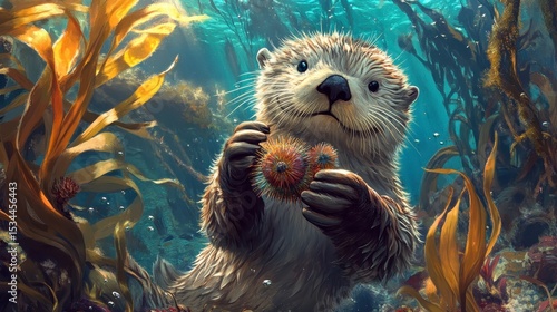 Adorable otter pup holding a sea urchin underwater among kelp forest.